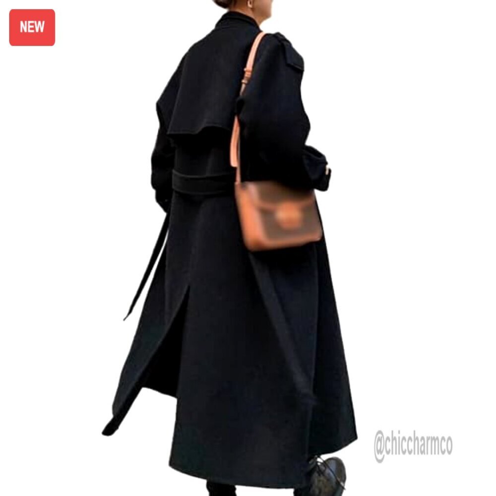 Women's Wool Blend Pea Coat Double Breasted Notch Lapel Long Sleeve Overcoat - Picture 4 of 6